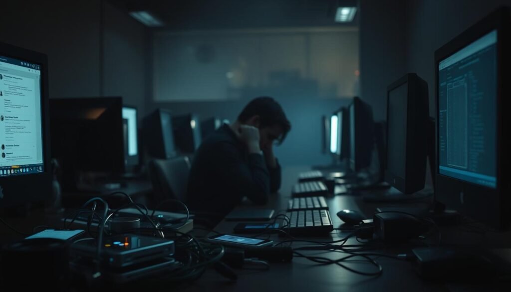 A dimly lit office space, the glow of computer screens casting a harsh light on the faces of workers. In the foreground, a desk cluttered with distractions - smartphones, social media notifications, and a tangle of cables. In the middle ground, figures hunched over their keyboards, their expressions a mix of frustration and fatigue. The background fades into a hazy blur, conveying a sense of overwhelming pressure and lost productivity. The lighting is low-key, creating a somber, melancholic atmosphere. The camera angle is slightly tilted, adding a sense of unease and disorientation. The overall scene evokes the true cost of distraction in the digital age, a cautionary tale of the hidden price we pay for our always-on, hyper-connected world.
