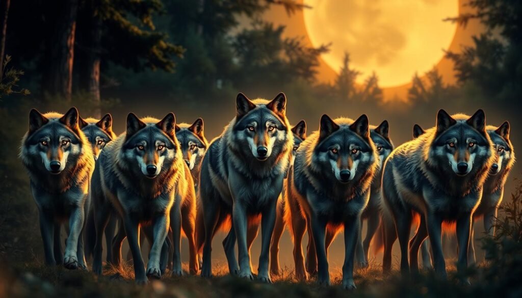A group of wolves gathered in a moonlit forest, their eyes shining with intelligence and collaboration. In the center, a lone wolf stands tall, its gaze unwavering as it leads the pack. The scene is bathed in a warm, golden light, casting a sense of unity and purpose. The wolves move in sync, their movements fluid and coordinated, reflecting the "lobo venture" of collaborative leadership. The background is a tapestry of lush greenery and soft, misty shadows, creating a serene and contemplative atmosphere.