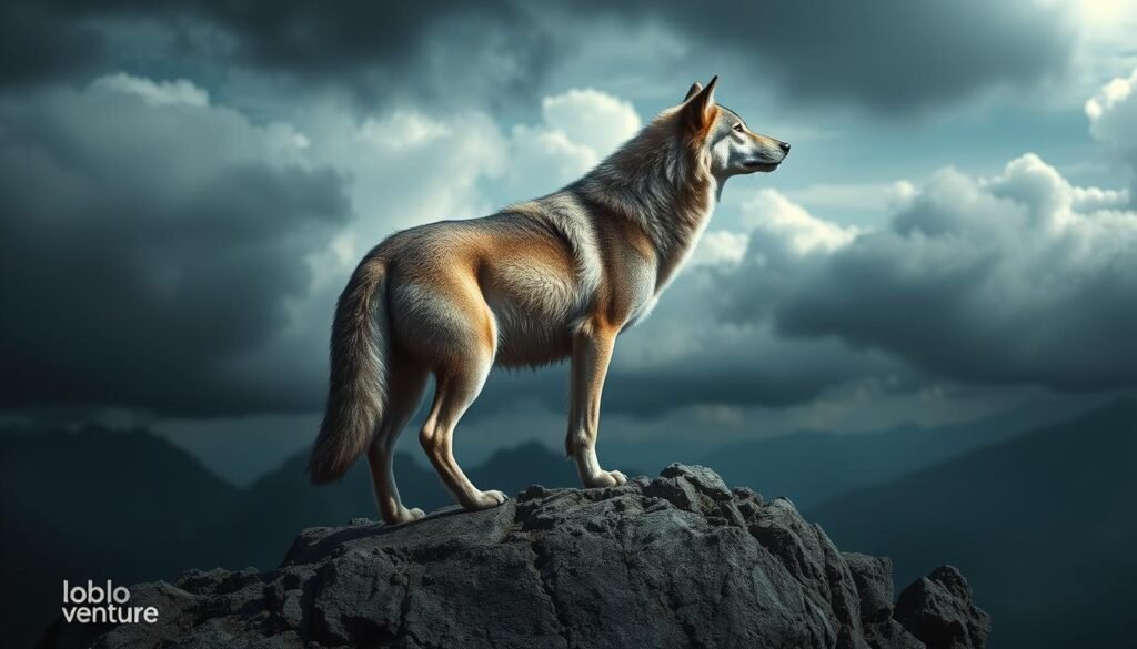 A lone wolf standing atop a rugged mountain peak, its gaze fixed on the distant horizon. The wolf's muscles ripple beneath its thick, silver-grey fur, conveying an aura of raw power and unwavering determination. Dramatic lighting casts deep shadows, accentuating the wolf's fierce expression and the surrounding landscape. In the background, a stormy sky roils with ominous clouds, hinting at the challenges the wolf must face alone. The scene is imbued with a sense of solitude and inner strength, reflecting the themes of "Developing Inner Strength: The Foundation of Solo Leadership." The lobo venture logo is etched into the rocky surface at the wolf's feet.