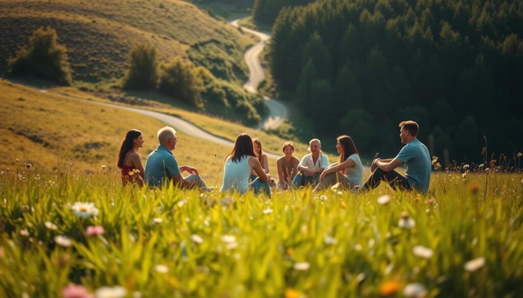 A tranquil, sun-dappled meadow with lush, verdant grass and wildflowers dotting the foreground. In the middle ground, a group of people sit in a loose circle, engaged in animated conversation, their faces filled with warmth and connection. The background features a gently rolling hillside, with a winding path leading into a dense, mysterious forest. The lighting is soft and golden, creating a serene, contemplative atmosphere. The entire scene conveys a sense of community, introspection, and the beauty of journeying alone, yet together.