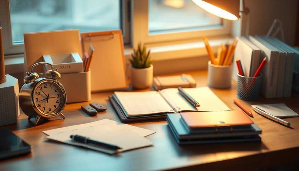 An organized desk with a timer, planner, and strategically placed office supplies, bathed in warm, focused lighting and captured from a slightly elevated angle. The scene conveys a sense of purposeful productivity, with clean, minimalist design elements and a serene, distraction-free atmosphere. High-quality, photorealistic rendering.